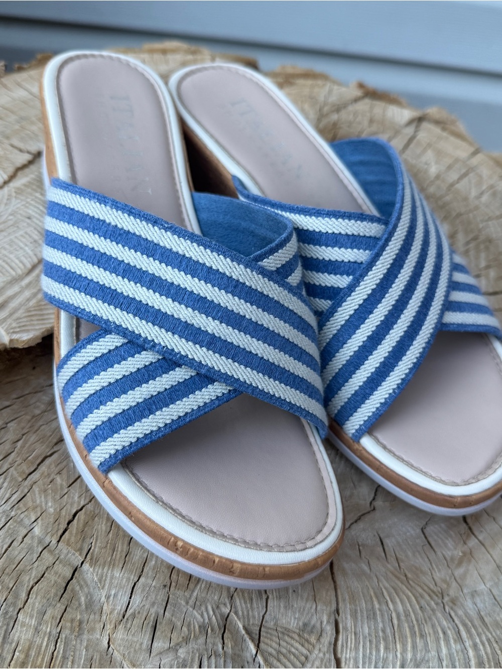 Italian Shoemakers Made in Italy Blue & White Striped Crossband Sandals
